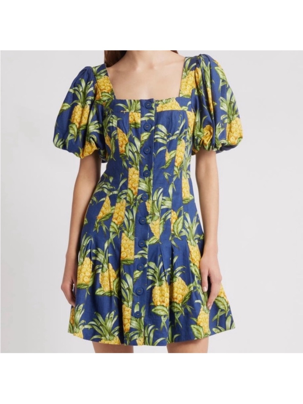 NWT FarmRio Navy Pineapple Print Puff-Sleeve Mini Dress